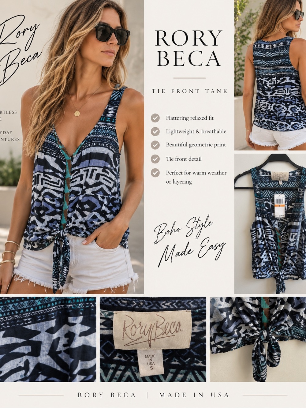 Rory Beca Navy & Teal Geometric Tie-Front Tank